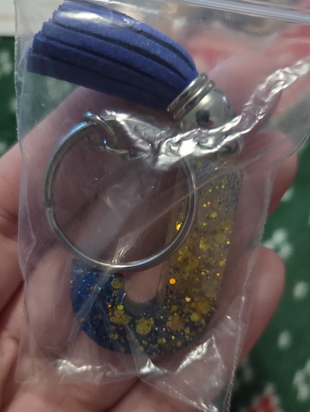Glitter Ombre Letter J Key & Card Holder with Blue Tassel
